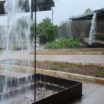 Rain chains with cascading water at San Antonio Botanical Garden