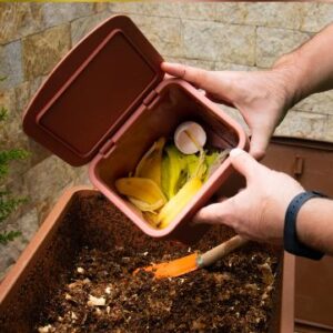 Hands placing kitchen vegetable scraps into a compost bin