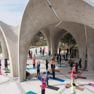 View of Confluence Park canopy with colorful yoga mats