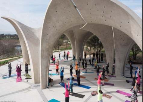 View of Confluence Park canopy with colorful yoga mats