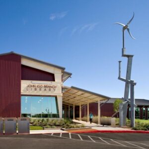 View of Igo Branch Library with its distinctive windmill