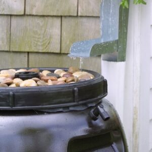 Rainwater dripping out of a gutter into a rain barrel