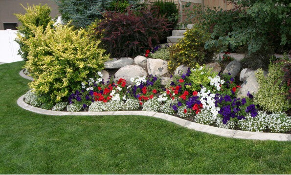 A colorful mixed border of flowers adjacent to a green turf lawn